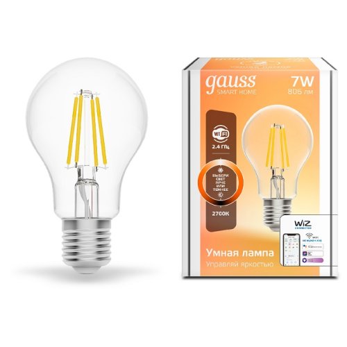 Лампа светодиодная филамент диммируемые Gauss Smart Home Шар А60 Е27 220В 806Лм 7Вт 2700К фото Лампа светодиодная филамент диммируемые Gauss Smart Home Шар А60 Е27 220В 806Лм 7Вт 2700К картинка